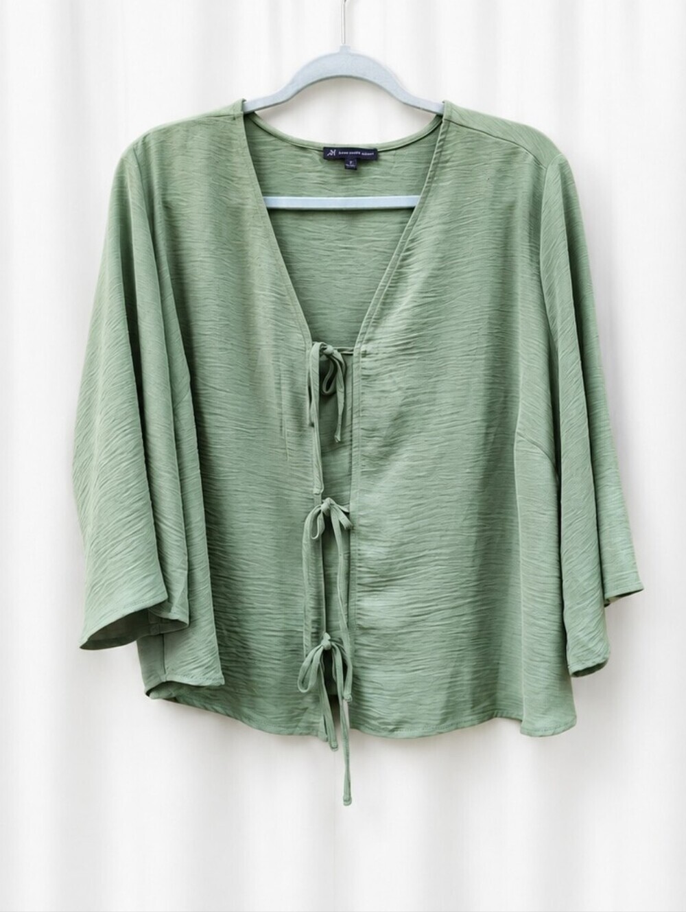 Adrianna Papell Tie Front Top Sage 1X Flowy Bell Sleeve Textured Quiet Luxury